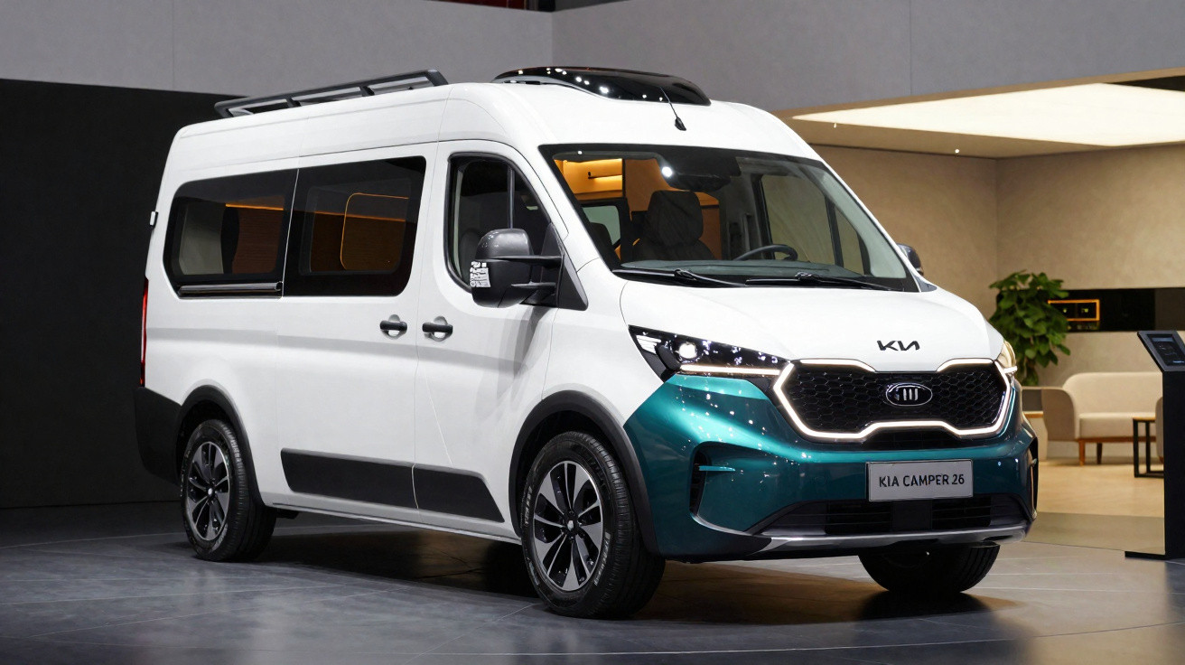 Van branca Kia Camper 26 estacionada em ambiente interno moderno.