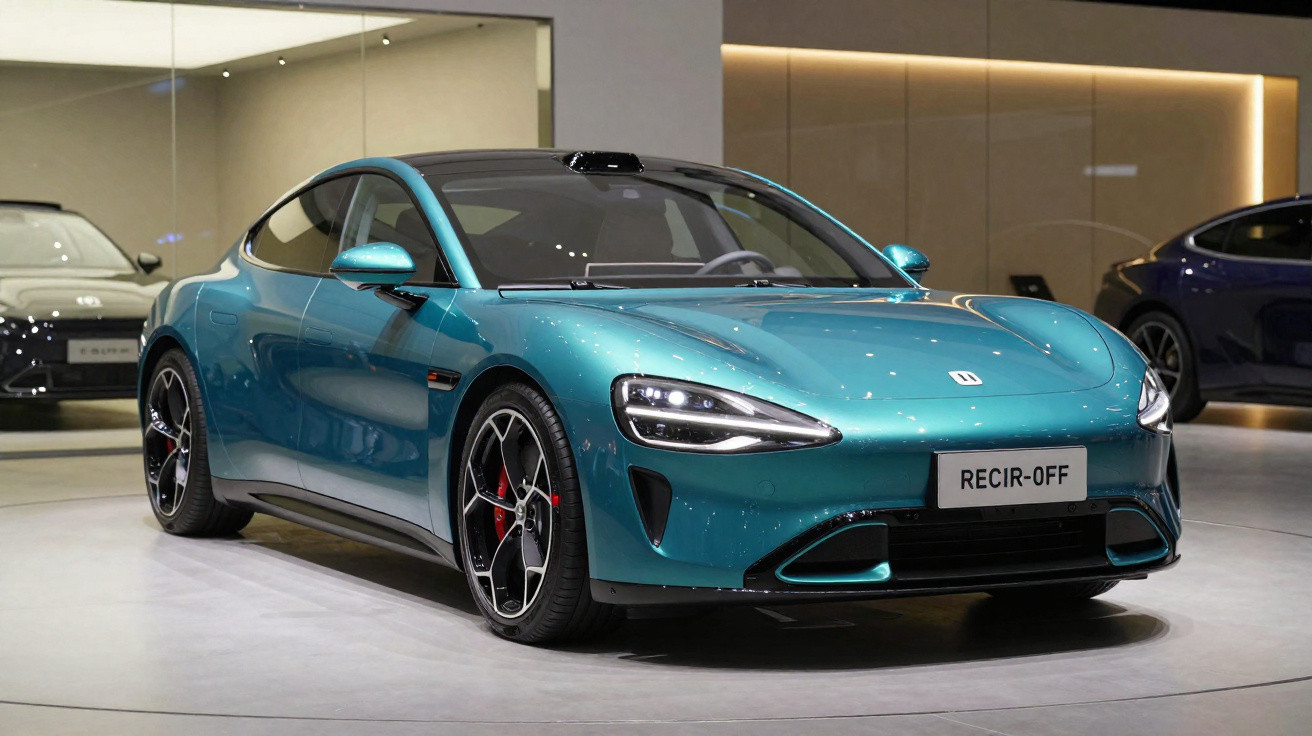 Carro esportivo elétrico azul exibido em salão automobilístico em ambiente interno iluminado.