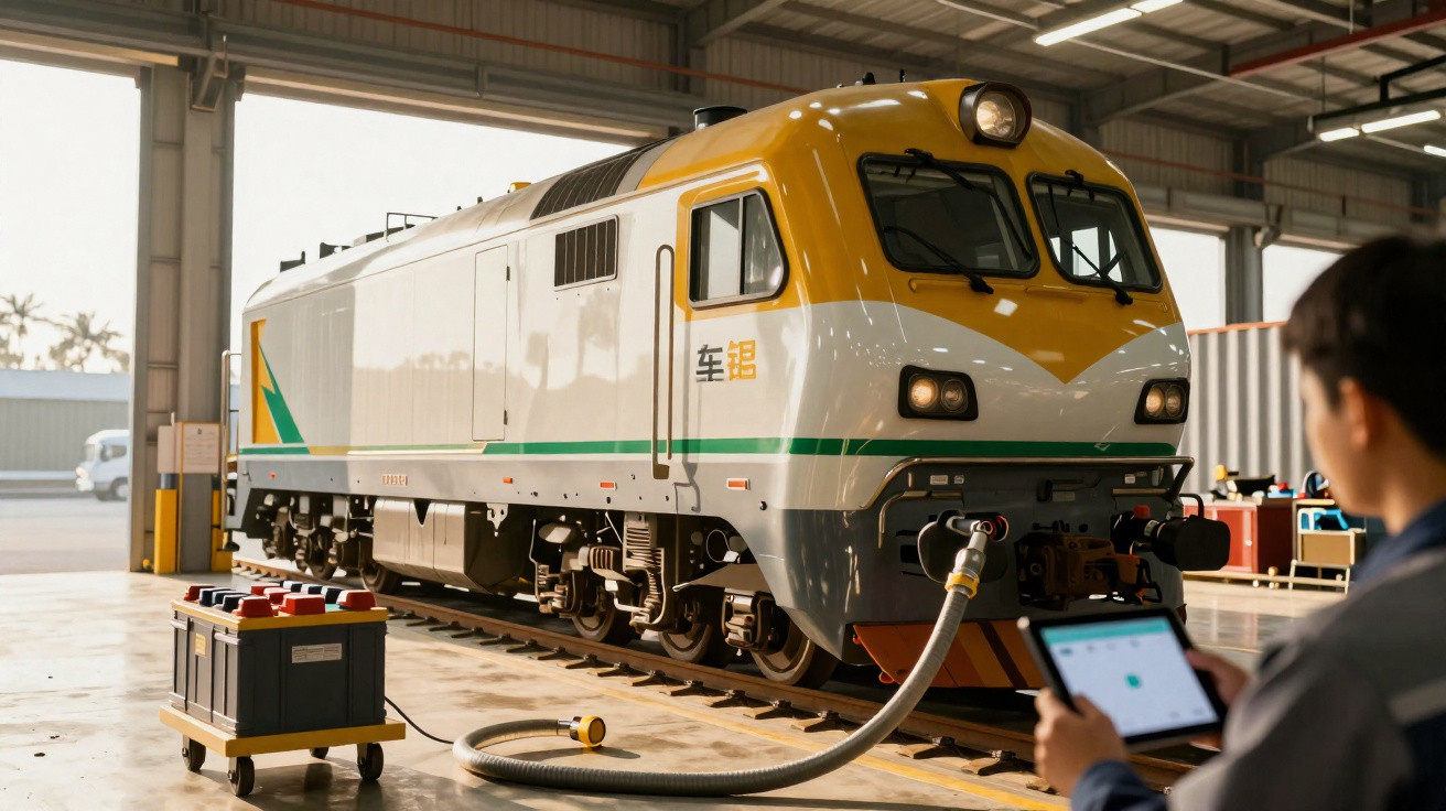 Locomotiva amarela e branca conectada a equipamento de recarga em galpão, com técnico operando tablet.