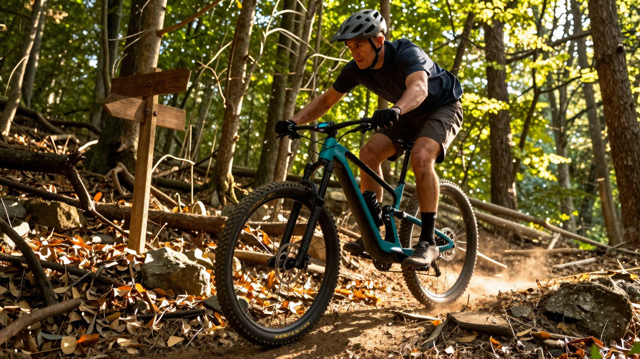 Homem com capacete pedalando em trilha de mountain bike em floresta com luz do sol entre as árvores.