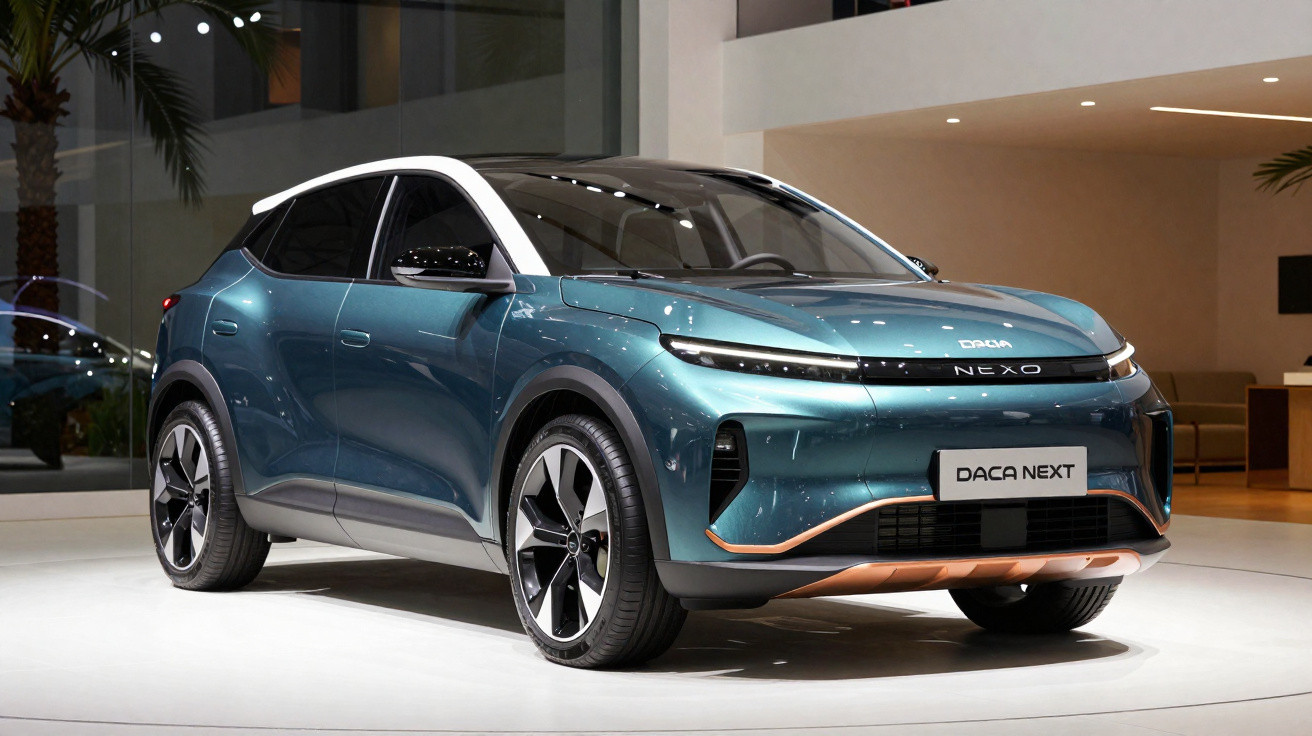 Carro elétrico Daca Nexo azul com teto branco em exposição dentro de showroom moderno.
