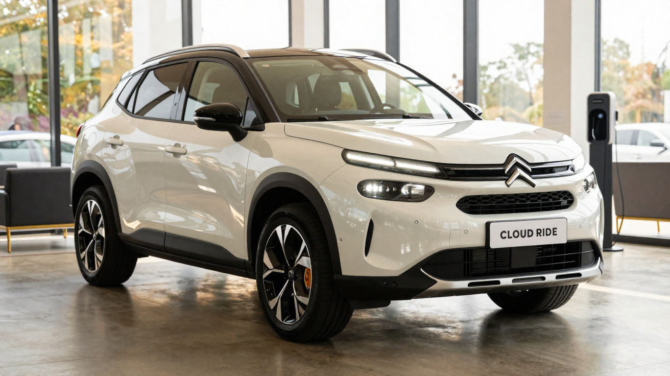 SUV elétrico Citroën Cloud Ride branco em showroom com detalhes pretos e rodas esportivas.