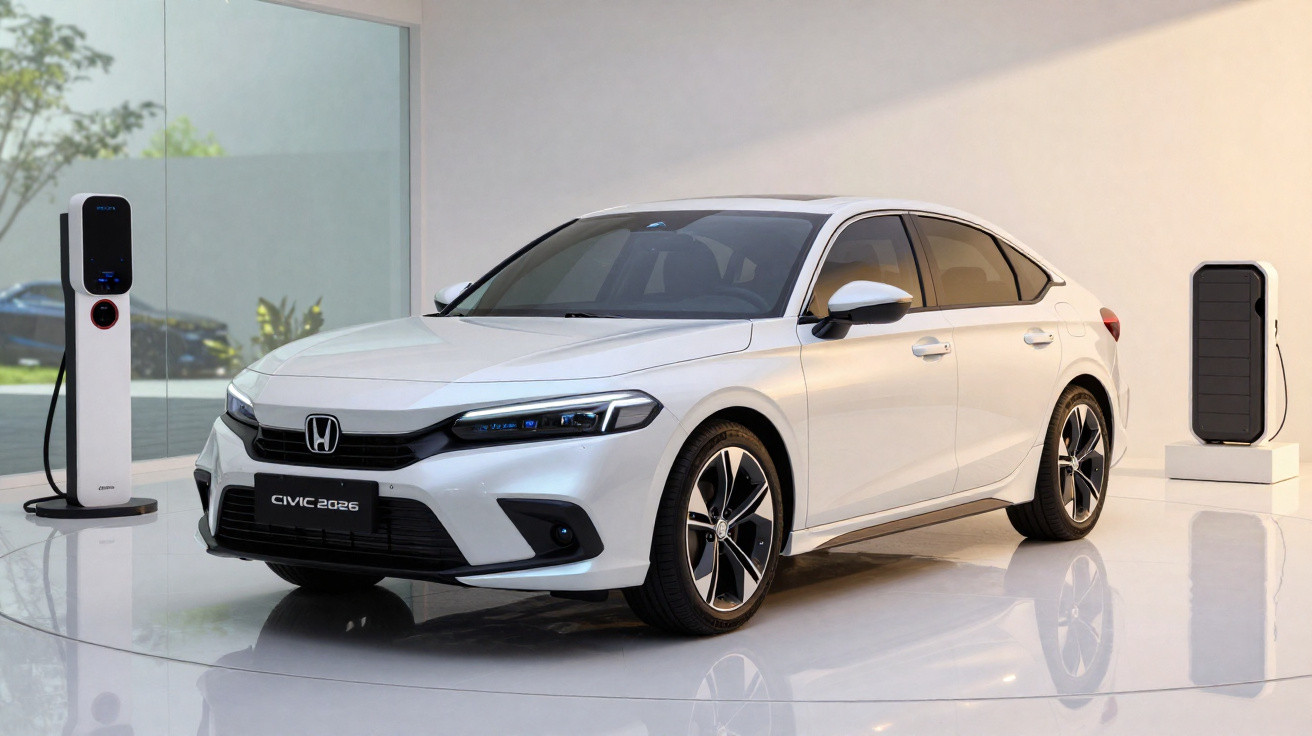 Carro branco Honda Civic 2026 estacionado em ambiente interno, com estação de recarga elétrica ao lado.