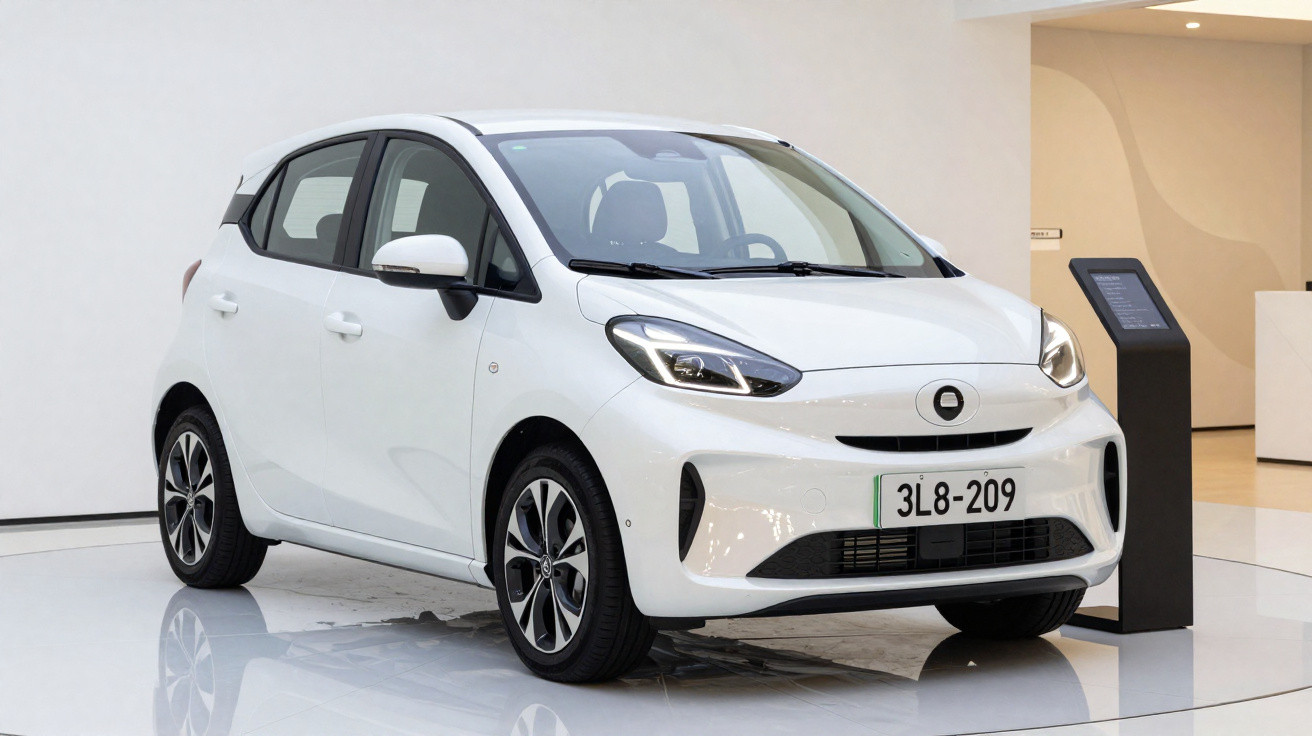 Carro hatchback branco moderno exibido em salão com piso brilhante e placa 3L8-209.
