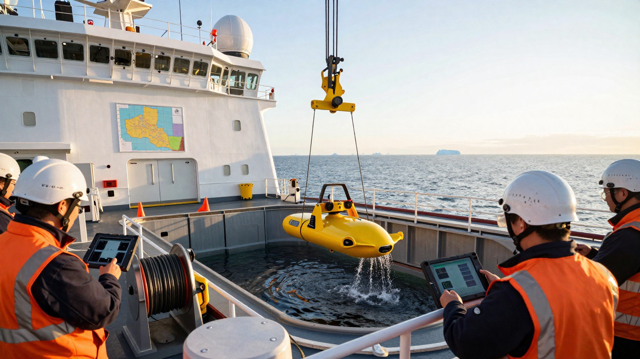 Equipe em coletes refletivos operando um drone submarino amarelo sendo içado em navio de pesquisa no mar.