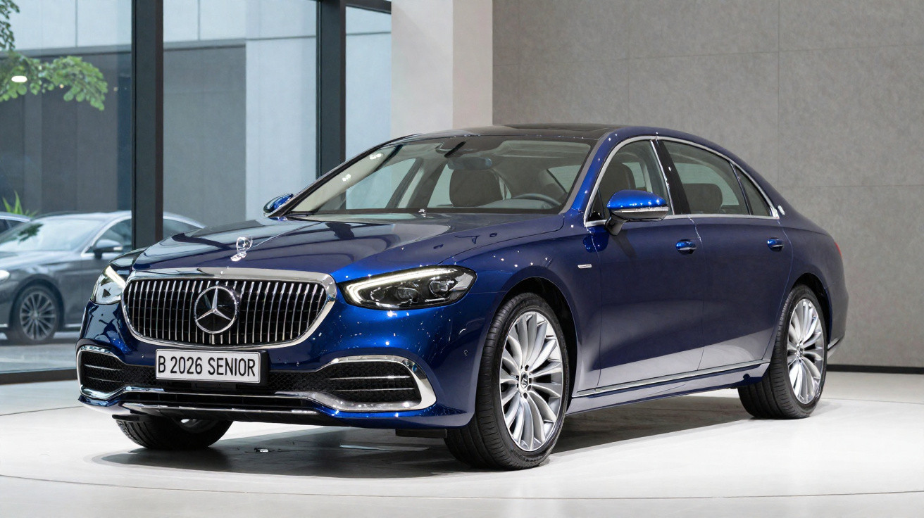 Carro Mercedes-Benz sedã azul em exposição em ambiente interno com piso branco.