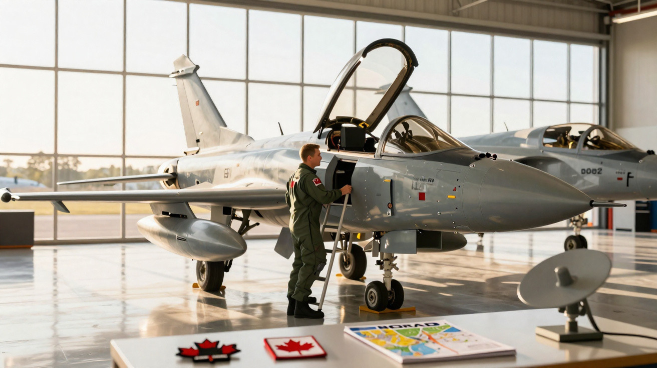 Piloto em uniforme verifica caça militar cinza em hangar iluminado, com outra aeronave ao fundo.