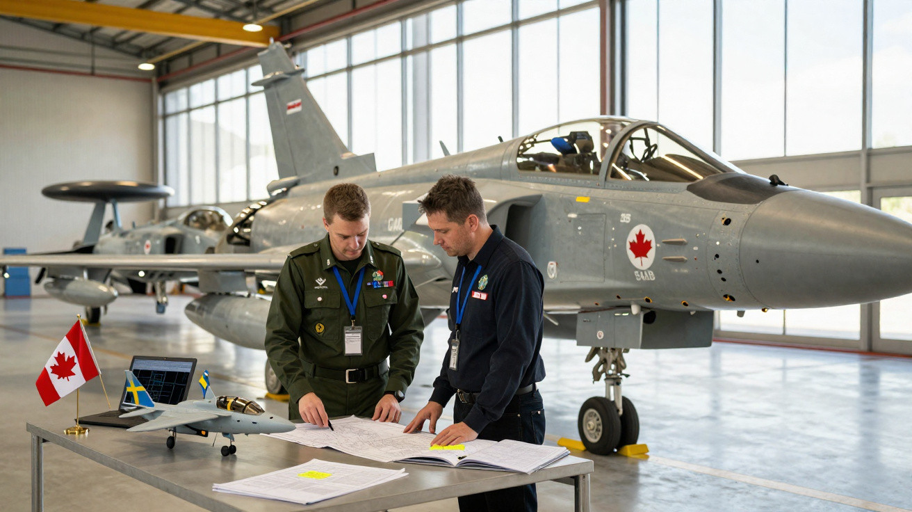 Dois homens analisam documentos em hangar com caça militar estacionado ao fundo e miniatura de avião na mesa.