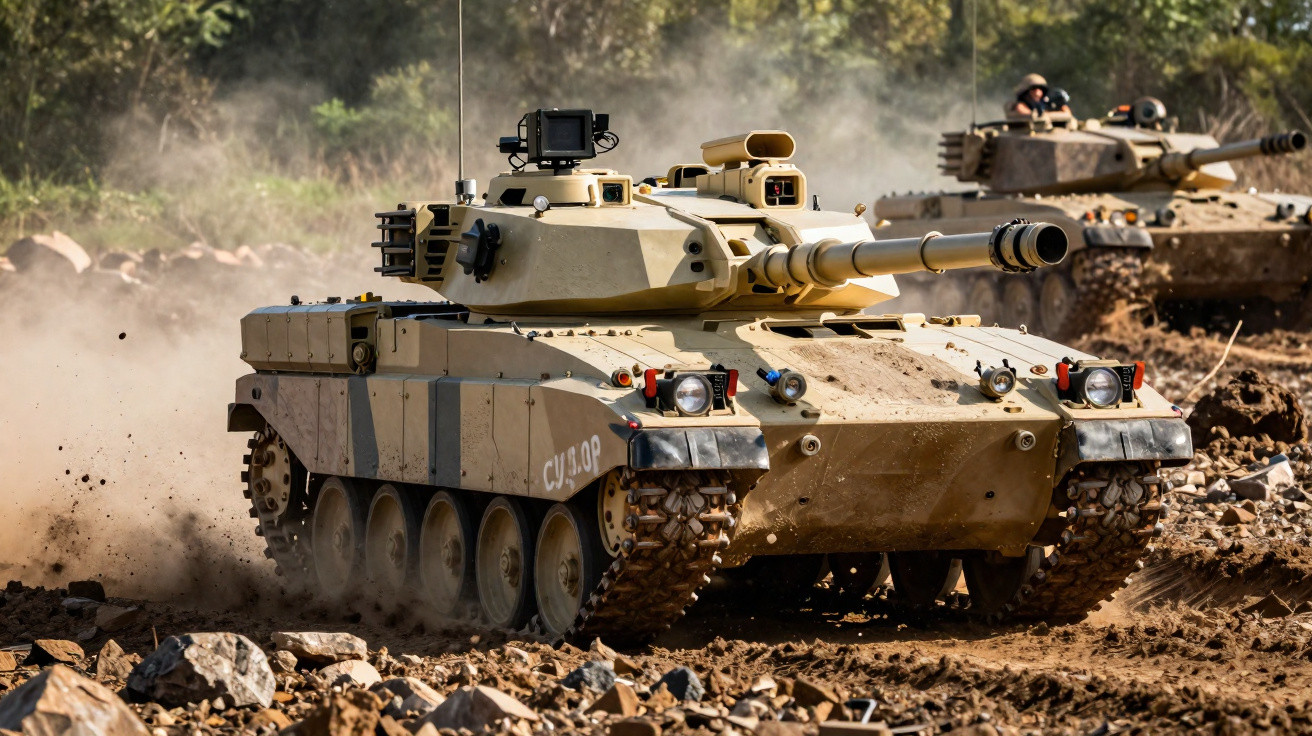 Tanques militares em terreno rochoso durante treinamento em ambiente árido com árvores ao fundo.