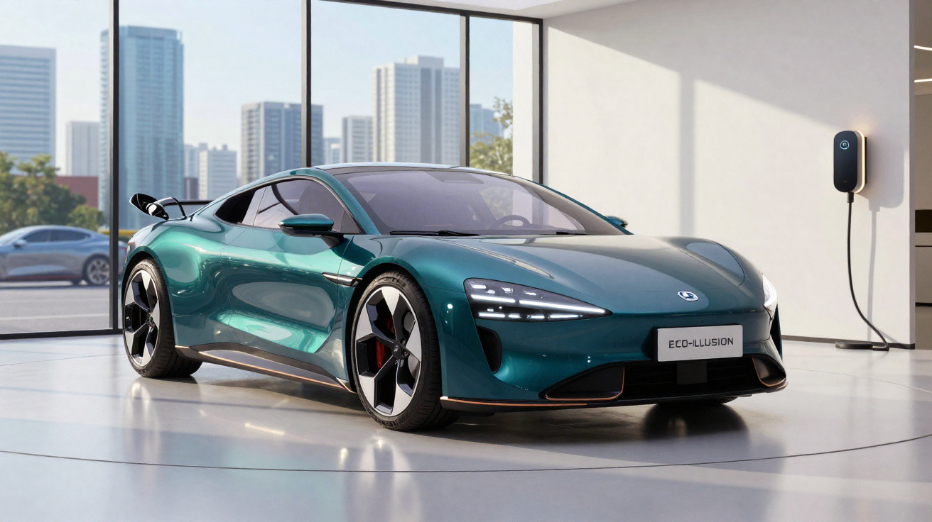 Carro esportivo elétrico verde com design moderno estacionado em ambiente interno com vista urbana ao fundo.