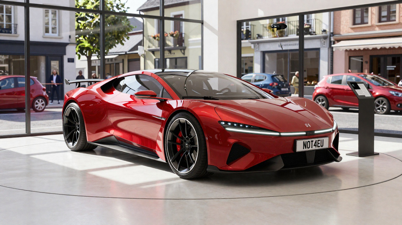 Carro esportivo vermelho com design moderno exibido em showroom com grandes janelas de vidro.