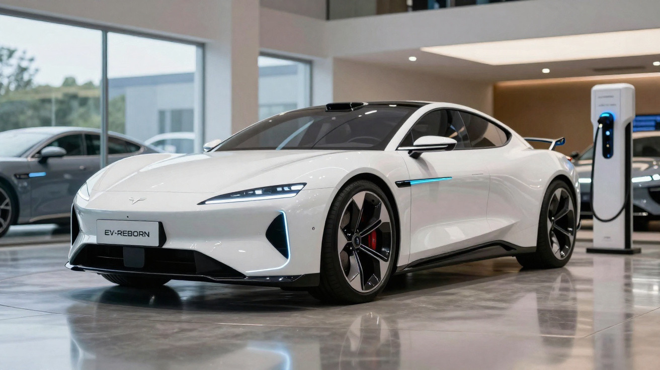 Carro esportivo elétrico branco estacionado em showroom moderno com carregador ao fundo.