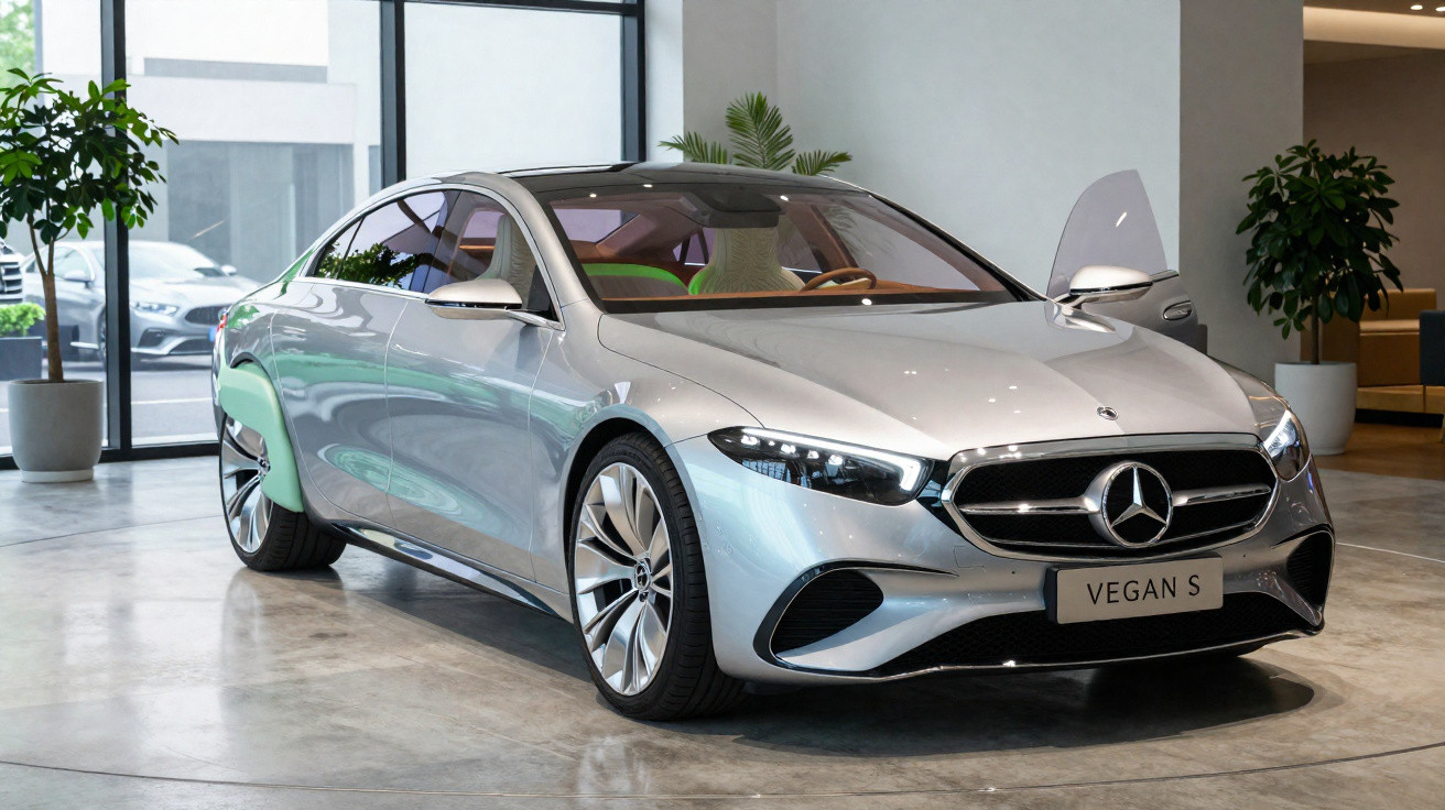 Carro elétrico prata Mercedes-Benz modelo Vegan S em exposição interna com planta ao fundo.