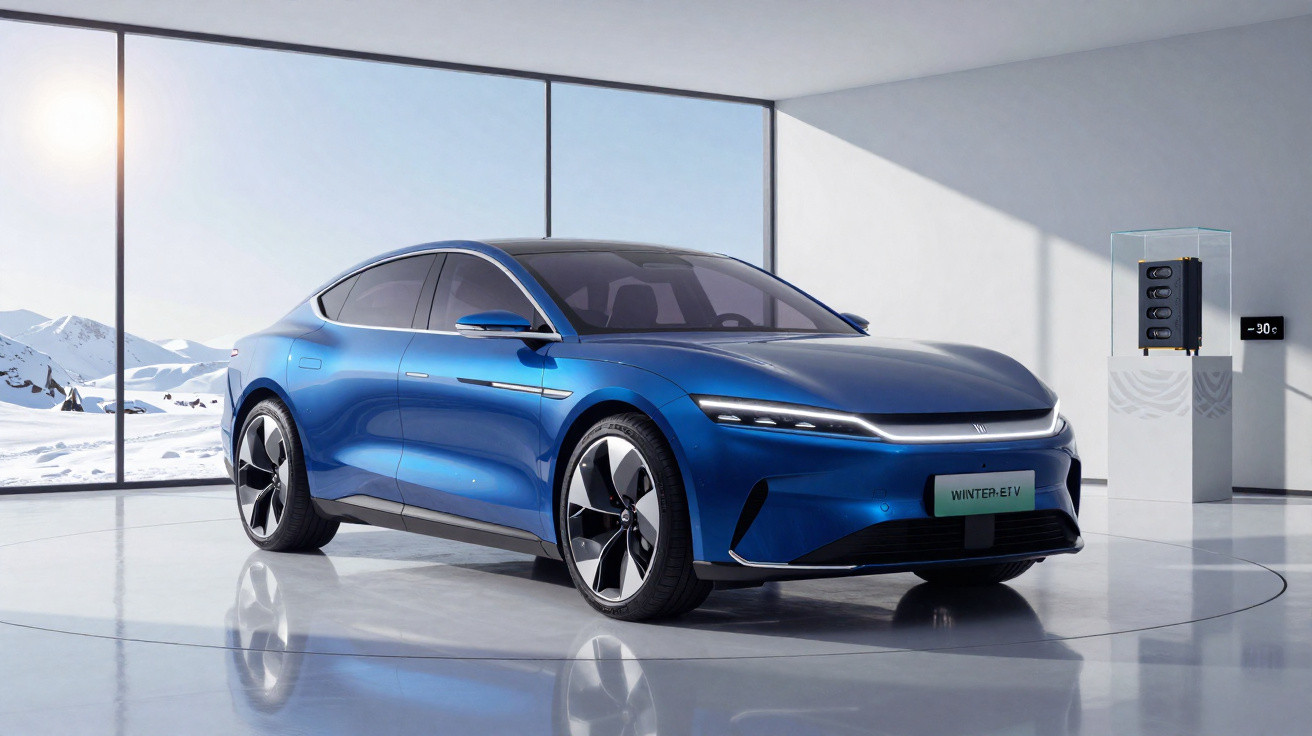 Carro elétrico azul em showroom moderno com grandes janelas e paisagem nevada ao fundo.