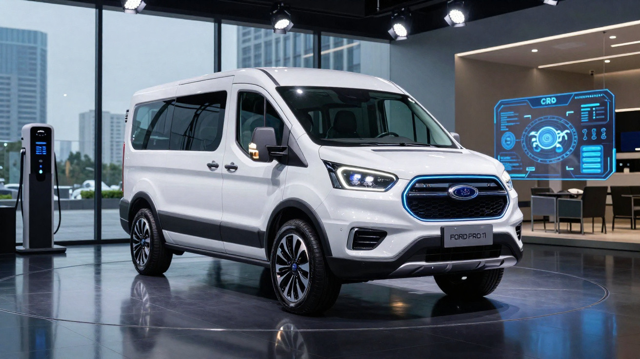 Van elétrica branca Ford Pro 1 em exposição, conectada a carregador, em ambiente moderno e iluminado.