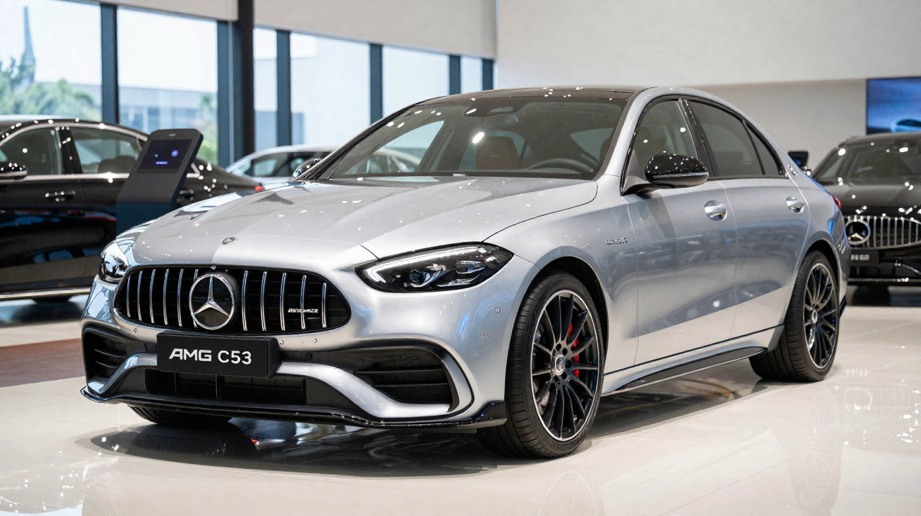Carro prata Mercedes-Benz AMG C53 em exposição dentro de showroom moderno.