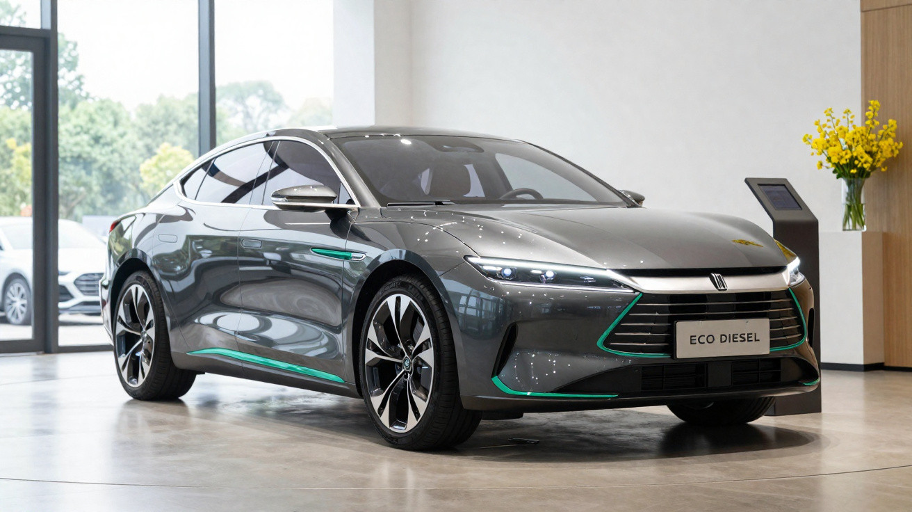 Carro cinza ecológico modelo Eco Diesel em showroom moderno com piso brilhante e vaso de flores amarelas.