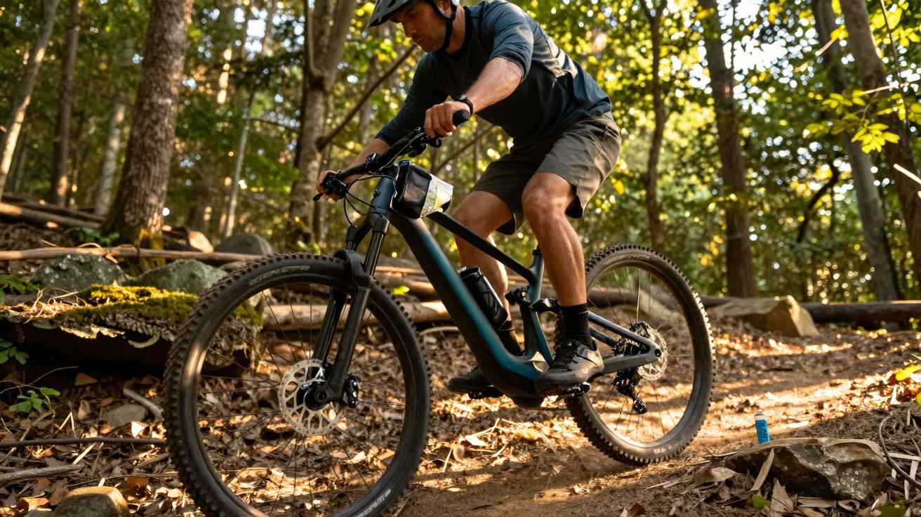 Homem pedalando mountain bike em trilha de floresta com luz natural filtrada pelas árvores.