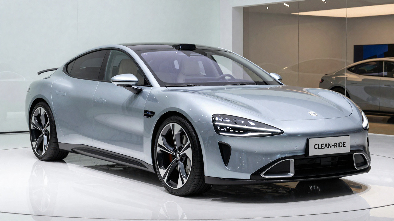 Carro elétrico prata futurista em exposição com design aerodinâmico e rodas modernas.