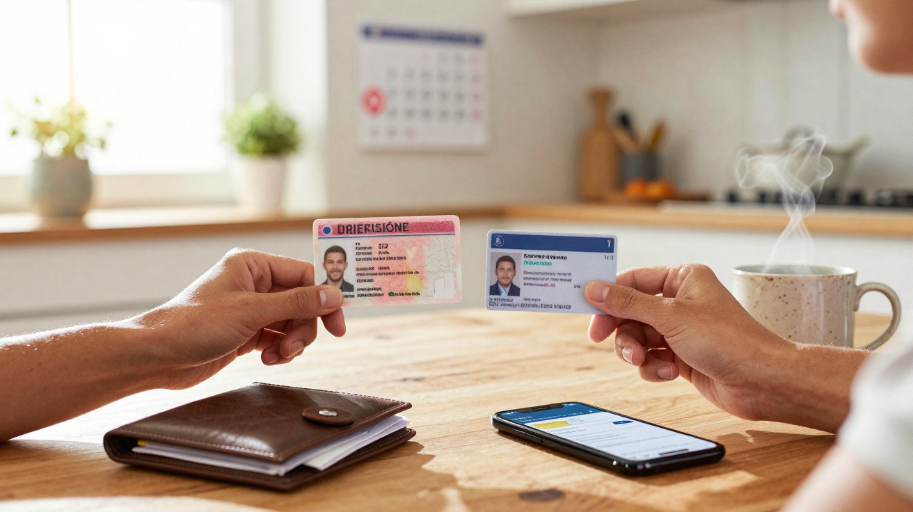 Duas pessoas trocando carteiras de identidade sobre mesa com carteira, celular e xícara de café.