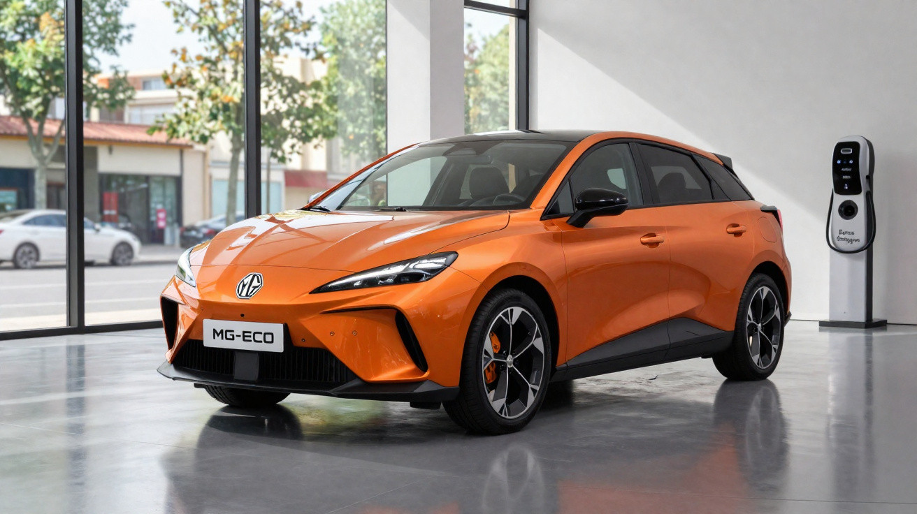 Carro elétrico esportivo laranja MG ECO estacionado em showroom moderno com carregador elétrico ao fundo.