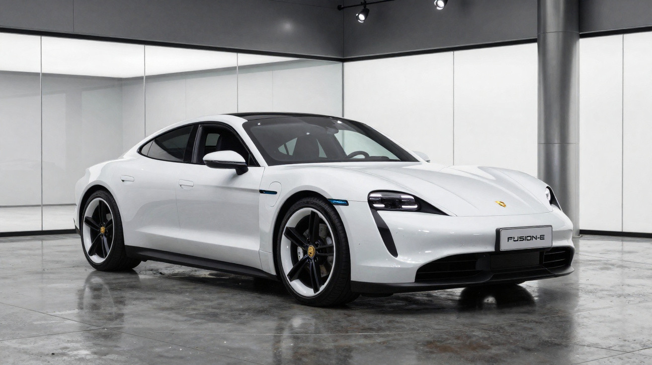 Carro esportivo elétrico branco Porsche Taycan estacionado em ambiente interno moderno com piso refletivo.
