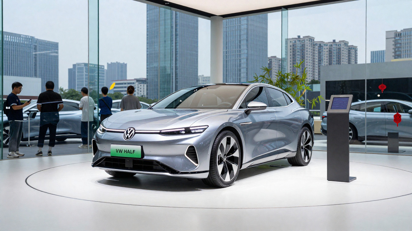 Carro elétrico Volkswagen VW HALF prata exibido em salão moderno com pessoas ao fundo e prédios visíveis pela janela.