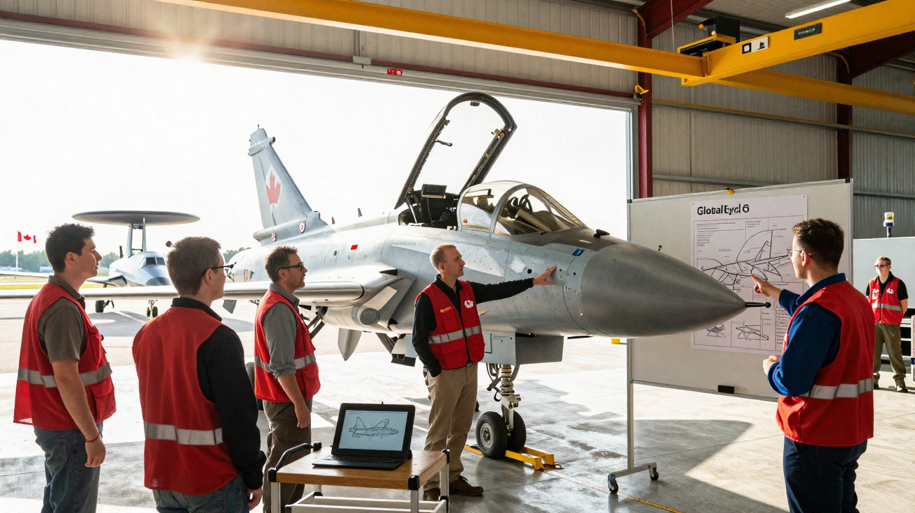 Cinco técnicos com coletes vermelhos discutem detalhadamente sobre um caça militar em hangar.