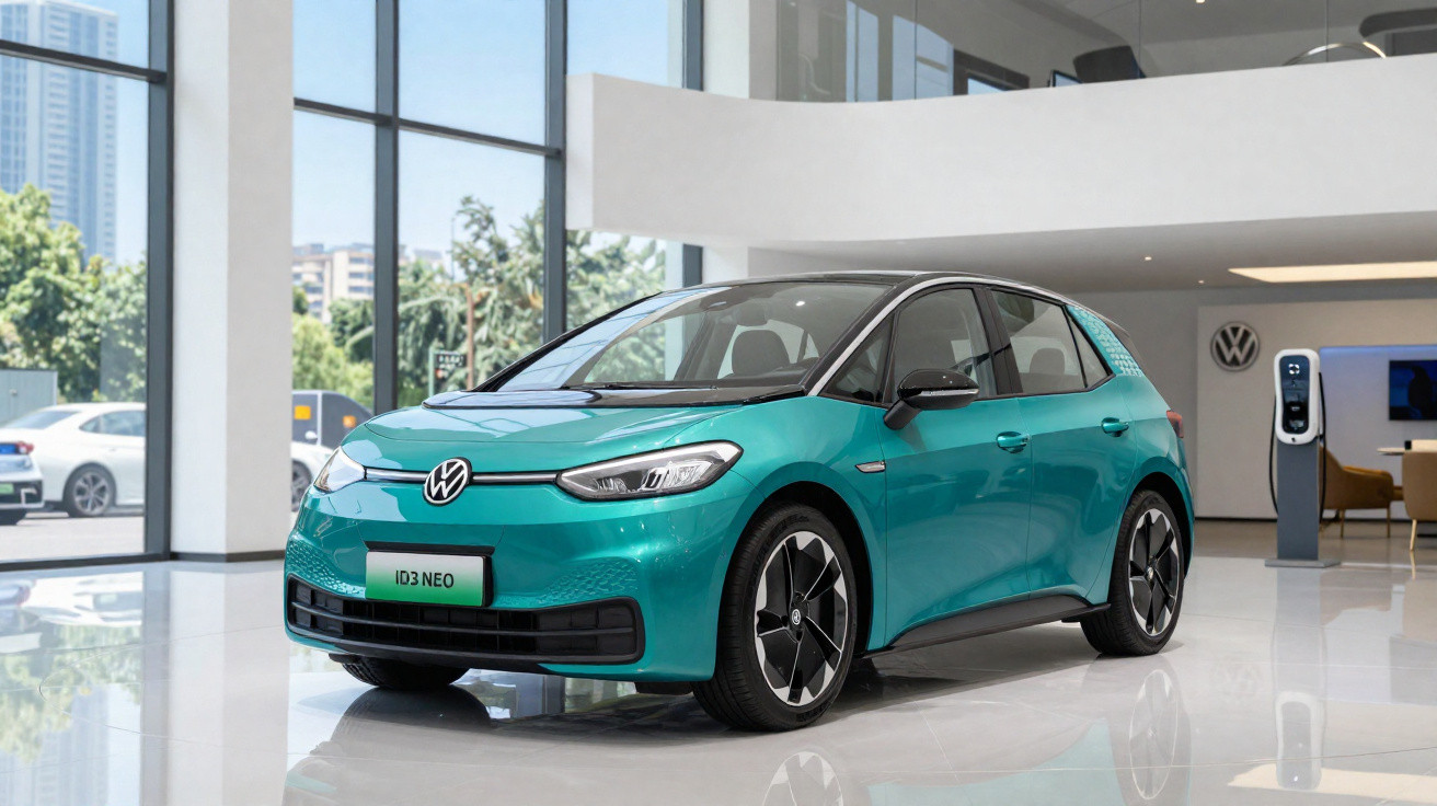 Carro elétrico Volkswagen ID.3 Neo azul exibido em showroom moderno com grandes janelas.