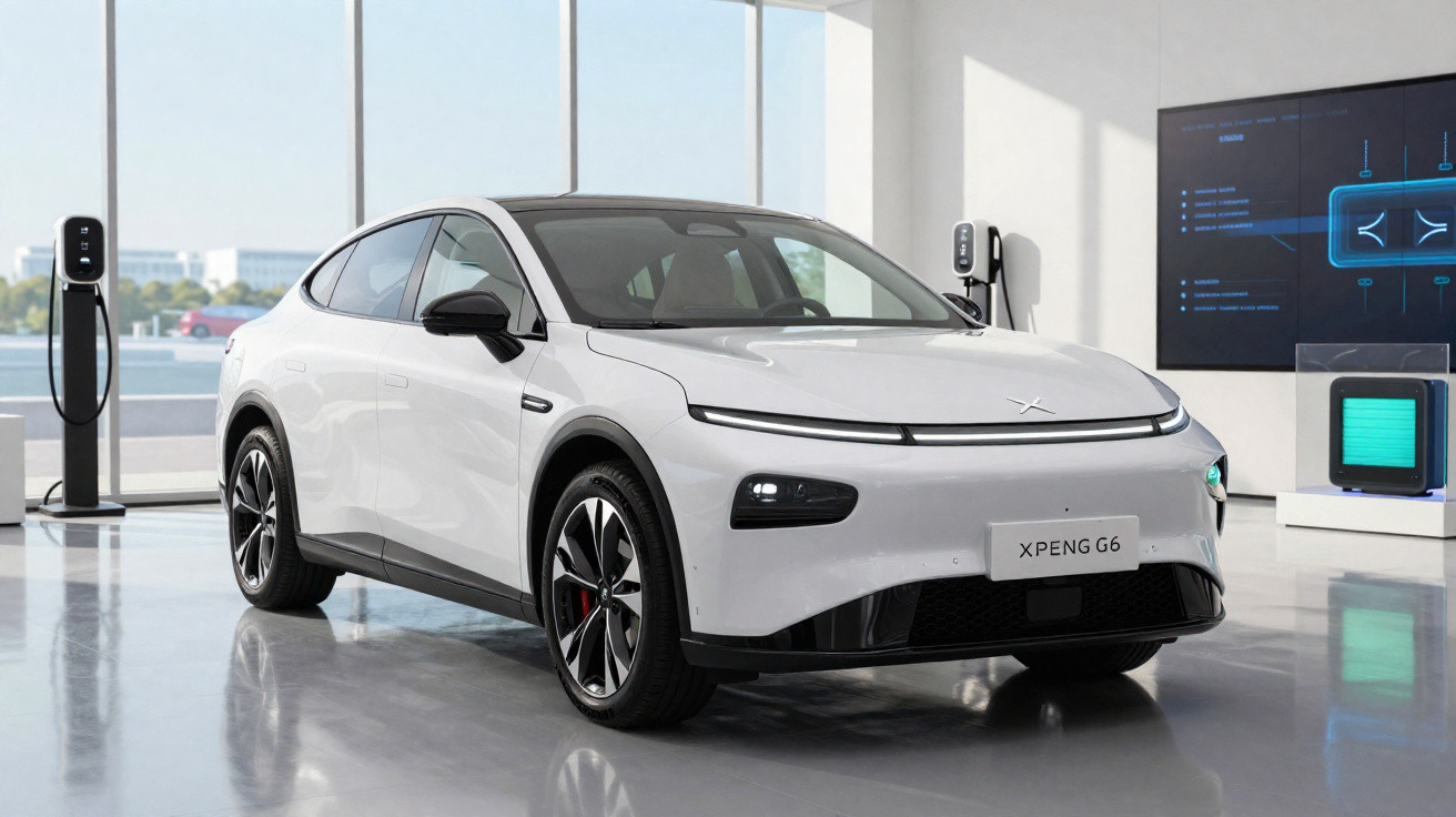 Carro elétrico branco XPeng G6 em showroom moderno com estações de carregamento ao fundo.