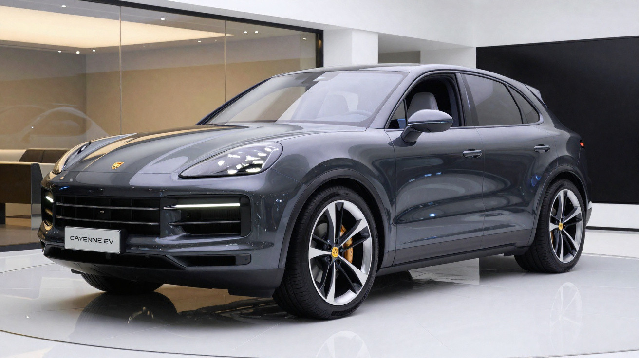 Carro SUV esportivo Porsche Cayenne EV cinza estacionado em ambiente interno moderno.