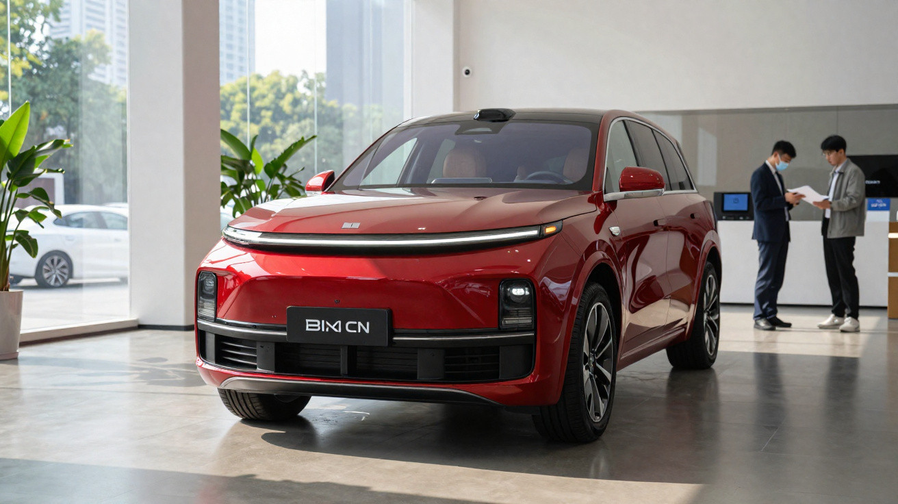 Carro elétrico vermelho B1M CN em exposição em ambiente interno com duas pessoas ao fundo.