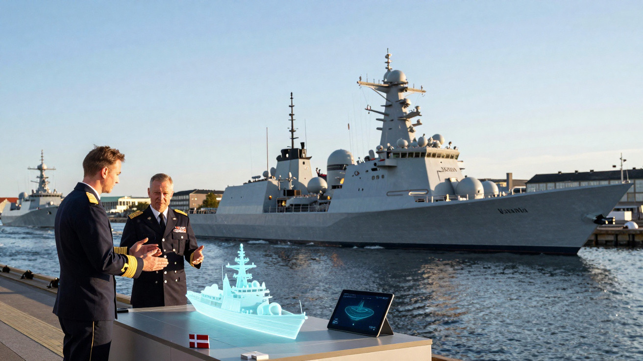 Dois oficiais da marinha analisam um holograma de navio em um píer, com navios militares ao fundo no mar.
