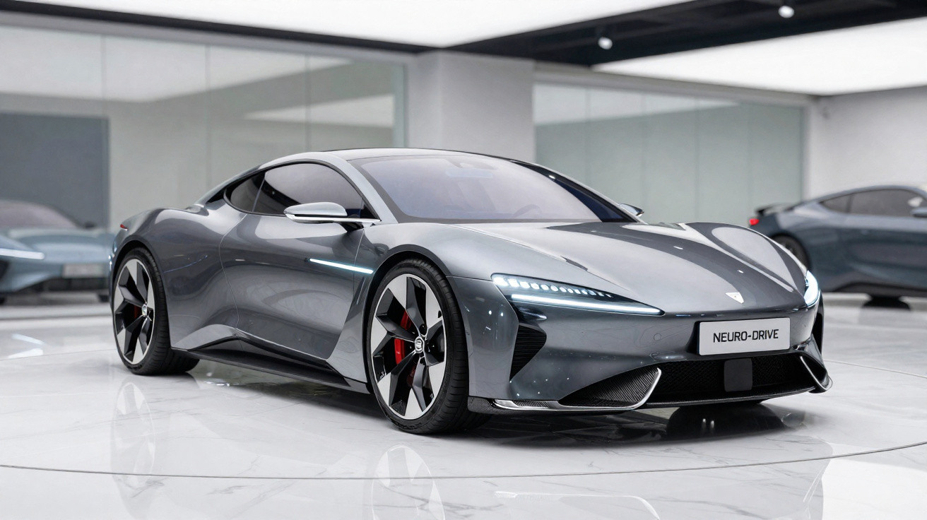 Carro esportivo cinza com design futurista exibido em showroom moderno e iluminado.