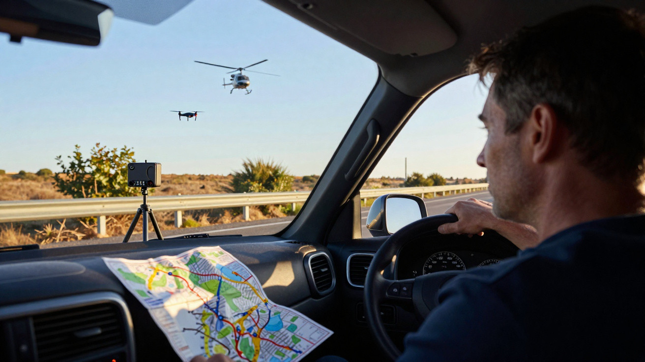 Homem dirige carro segurando mapa com drone e helicóptero voando ao lado da estrada.