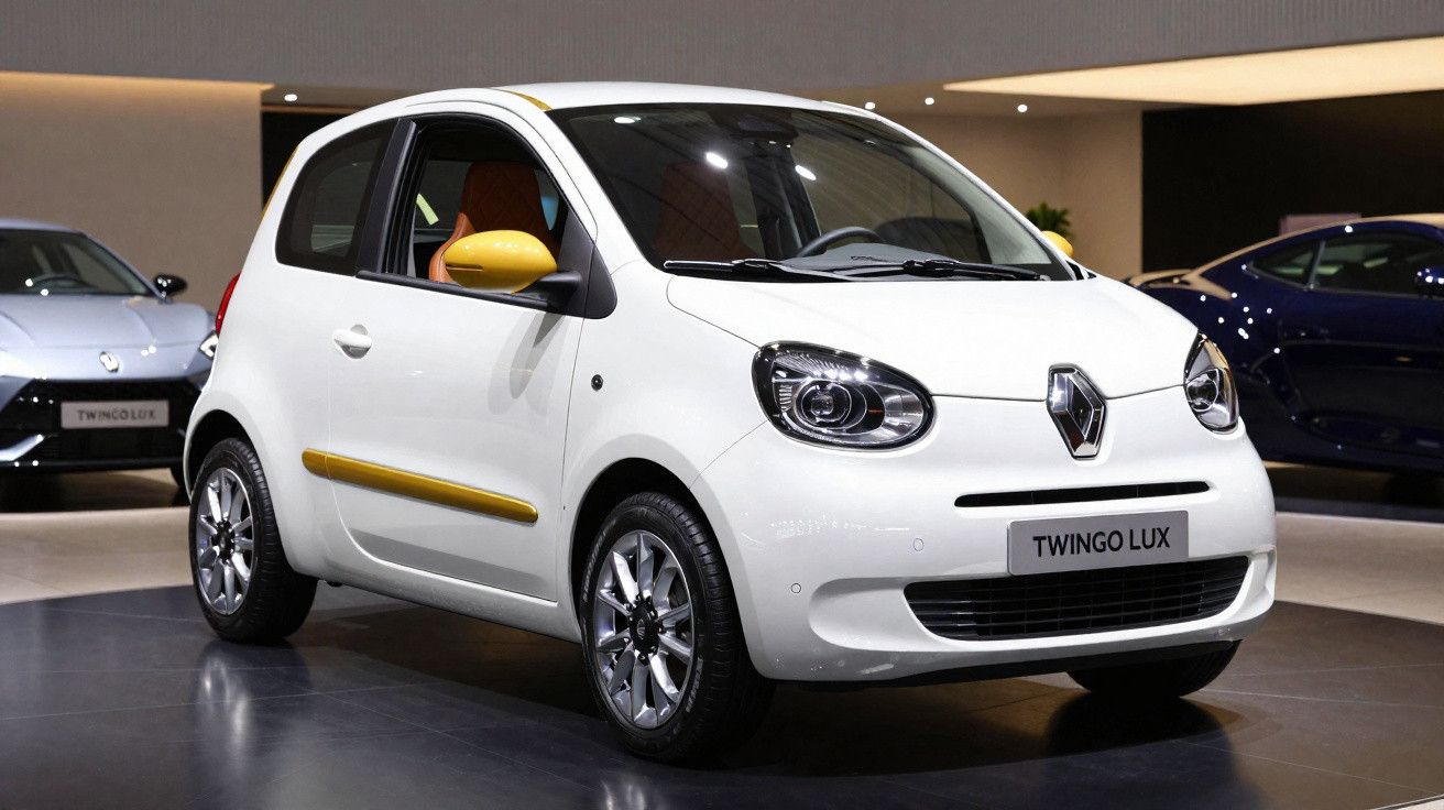 Carro branco Renault Twingo Lux com detalhes amarelos exibido em salão de automóveis.