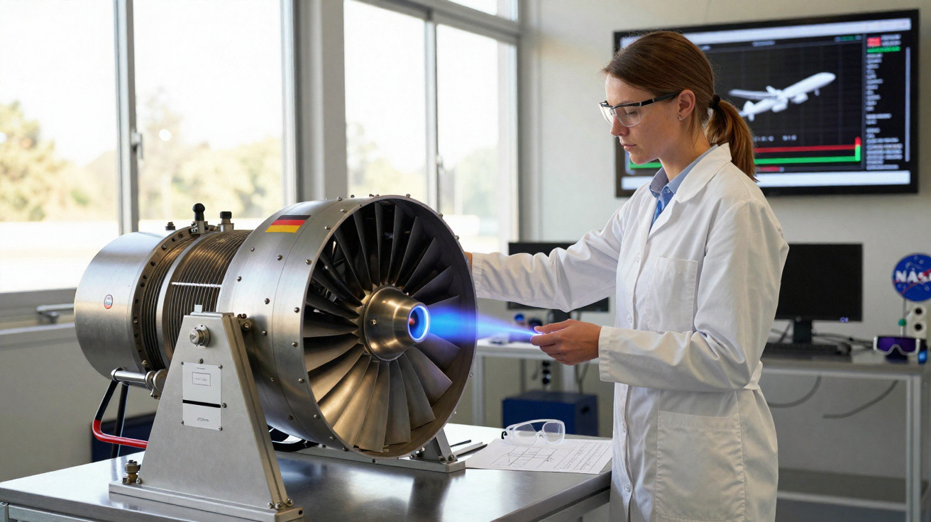 Mulher cientista com jaleco realizando teste em motor a jato em laboratório com tela ao fundo.