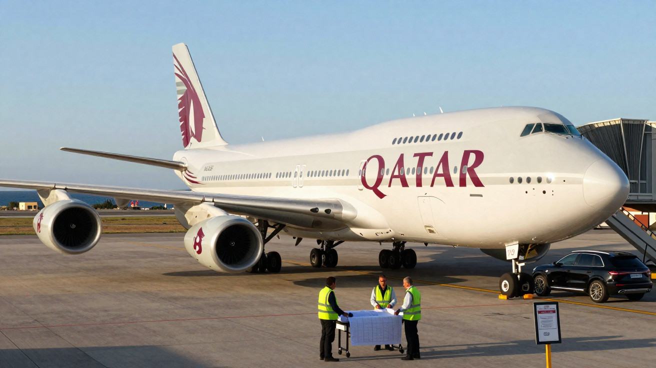 Avião da Qatar Airways estacionado no aeroporto com três funcionários de colete refletivo ao redor de um carrinho.