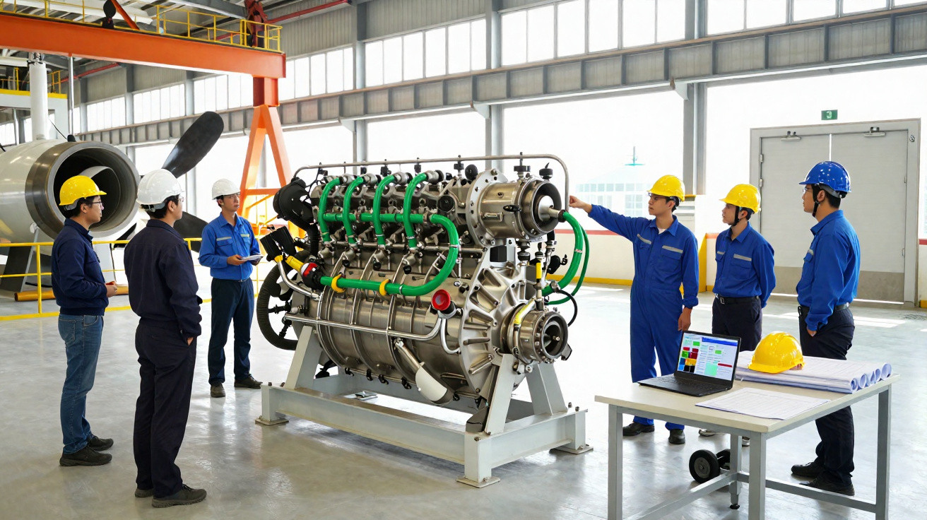 Engenheiros em capacetes discutem motor grande em fábrica moderna, com mesa e computador ao lado.