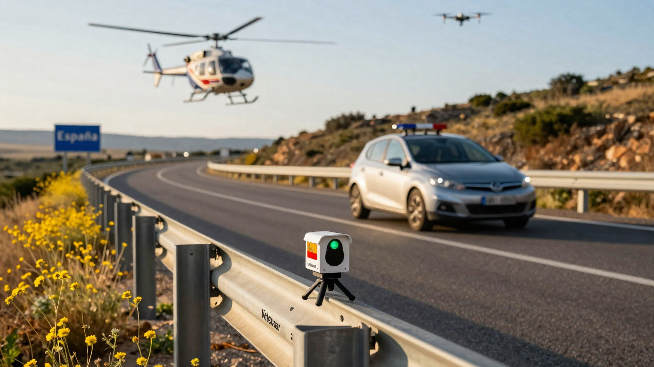 Radar fixo em rodovia com carro da polícia, helicóptero e drone próximos, placa indicando Espanha ao fundo.