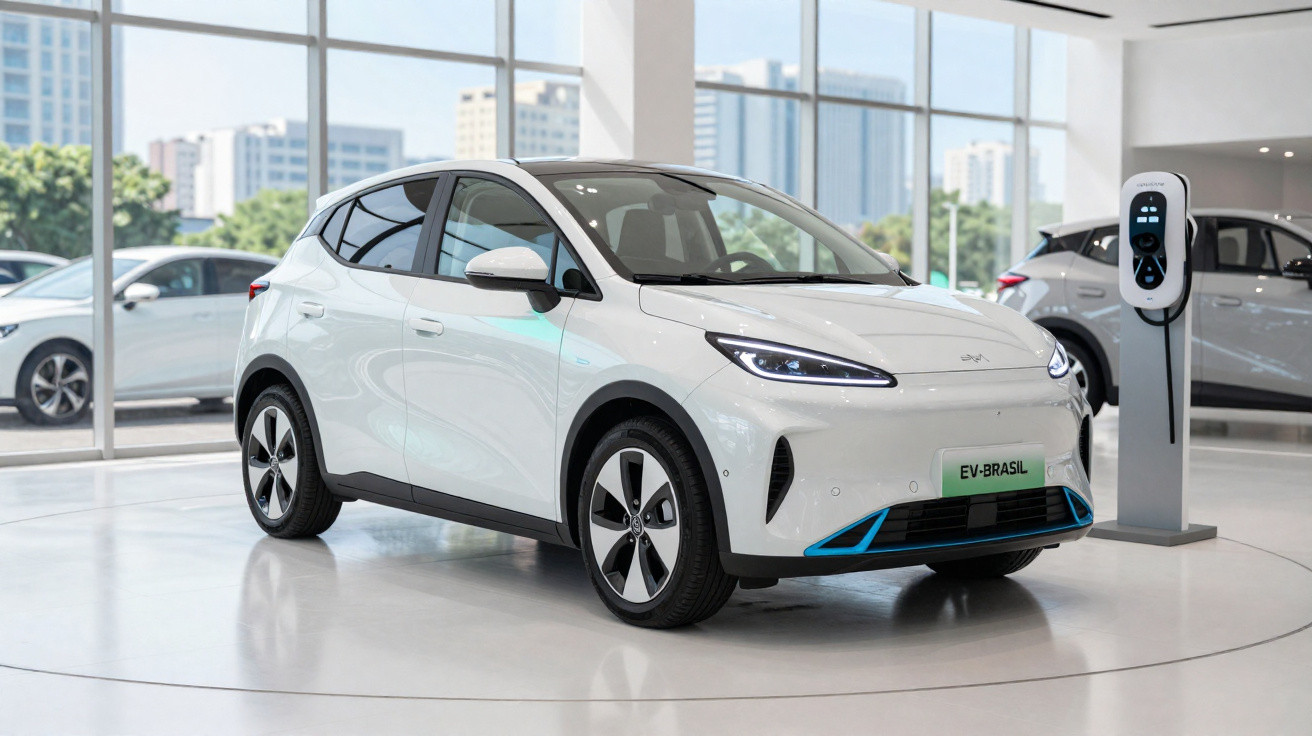 Carro elétrico branco estacionado em showroom com estação de recarga ao lado e janelas amplas ao fundo.