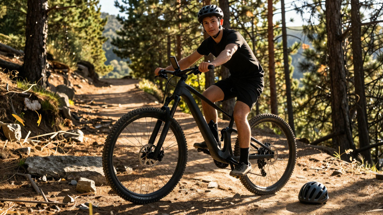 Homem de capacete preto andando de bicicleta em trilha de terra em área arborizada durante o dia.