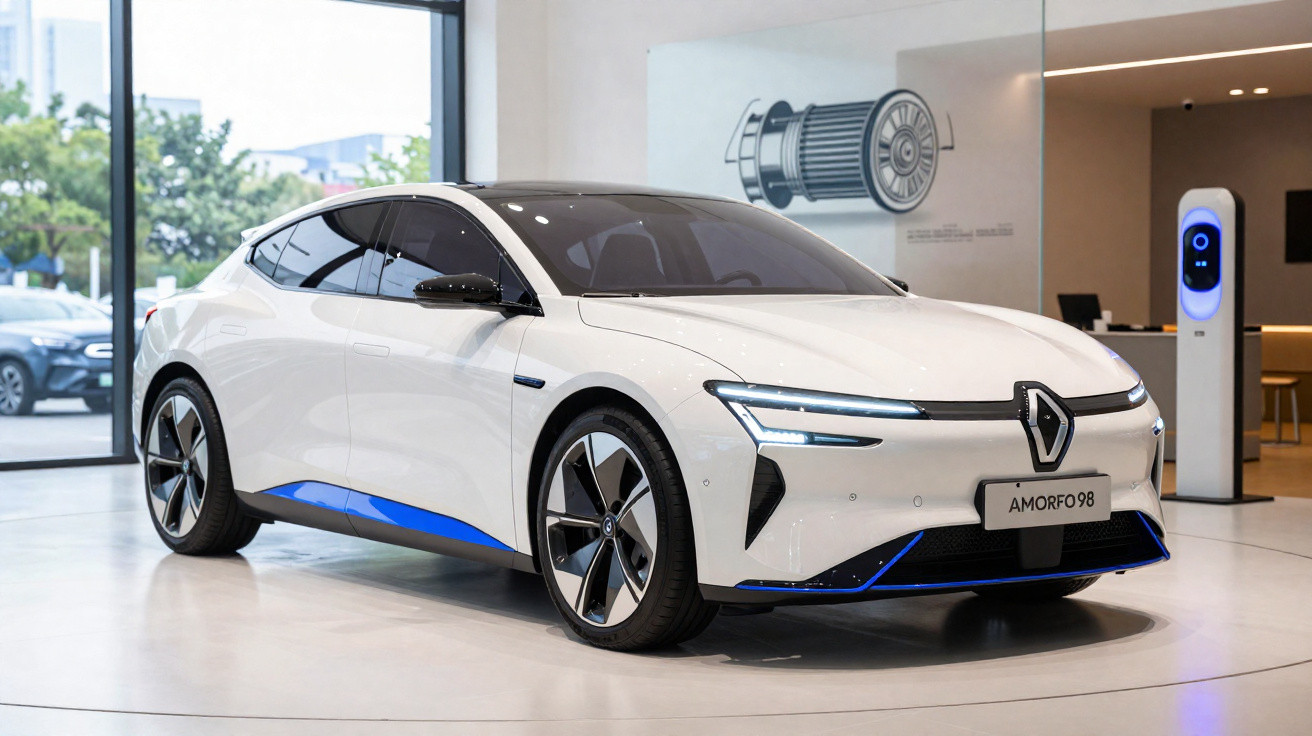 Carro elétrico branco Renault Amorf0 98 exibido em showroom moderno com iluminação branca.