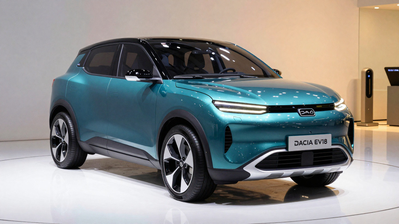 SUV elétrico Dacia EV1B azul com detalhes em preto exposto em ambiente interno moderno.