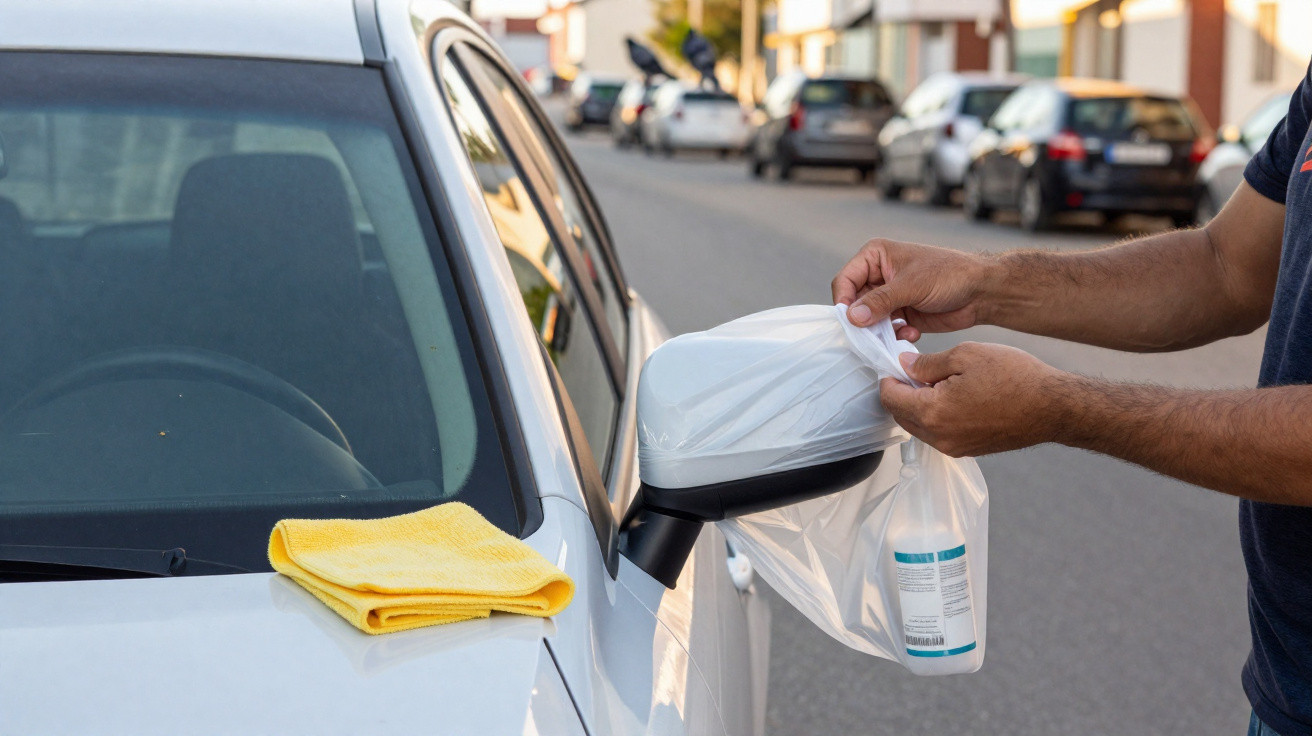 Pessoa cobrindo retrovisor de carro branco com plástico, com pano amarelo sobre o capô, em rua residencial.