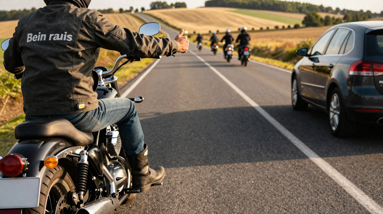 Motociclista cumprimentando grupo de motociclistas na estrada ao lado de carro preto.