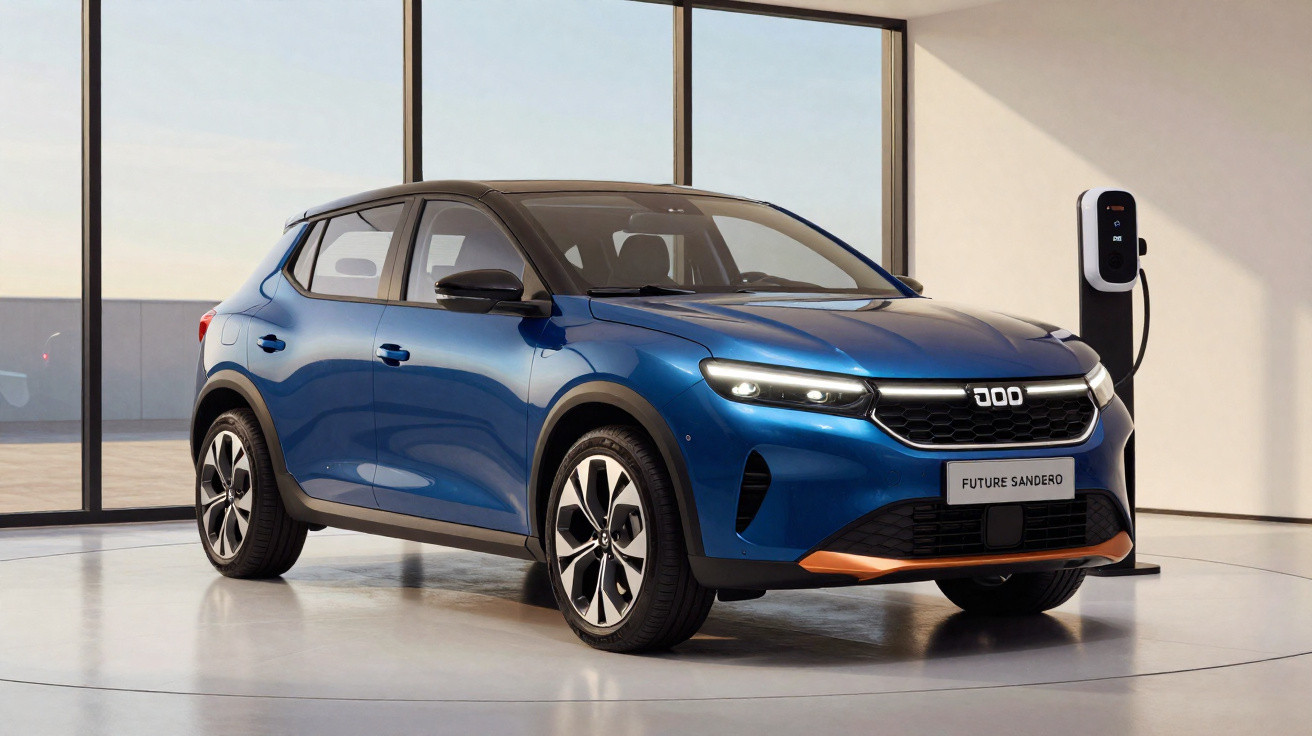 Carro elétrico azul Future Sandero estacionado em ambiente interno com estação de recarga ao lado.