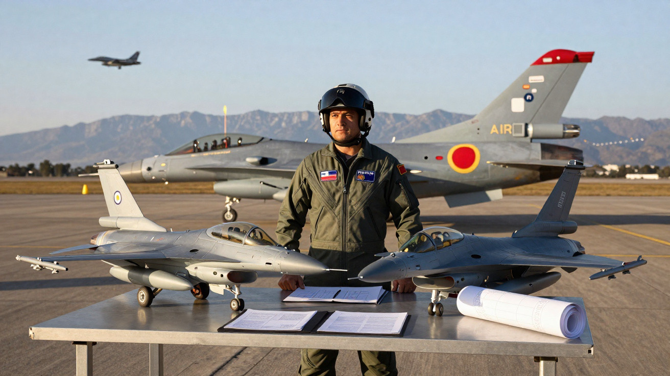Militar com uniforme e capacete em pista aérea com dois modelos de aviões militares em mesa à frente e jato ao fundo.
