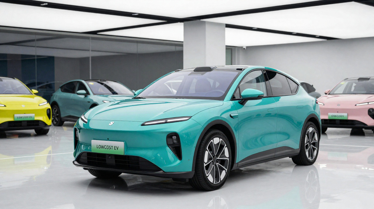 Carro elétrico azul claro em showroom moderno com carros elétricos coloridos ao fundo.