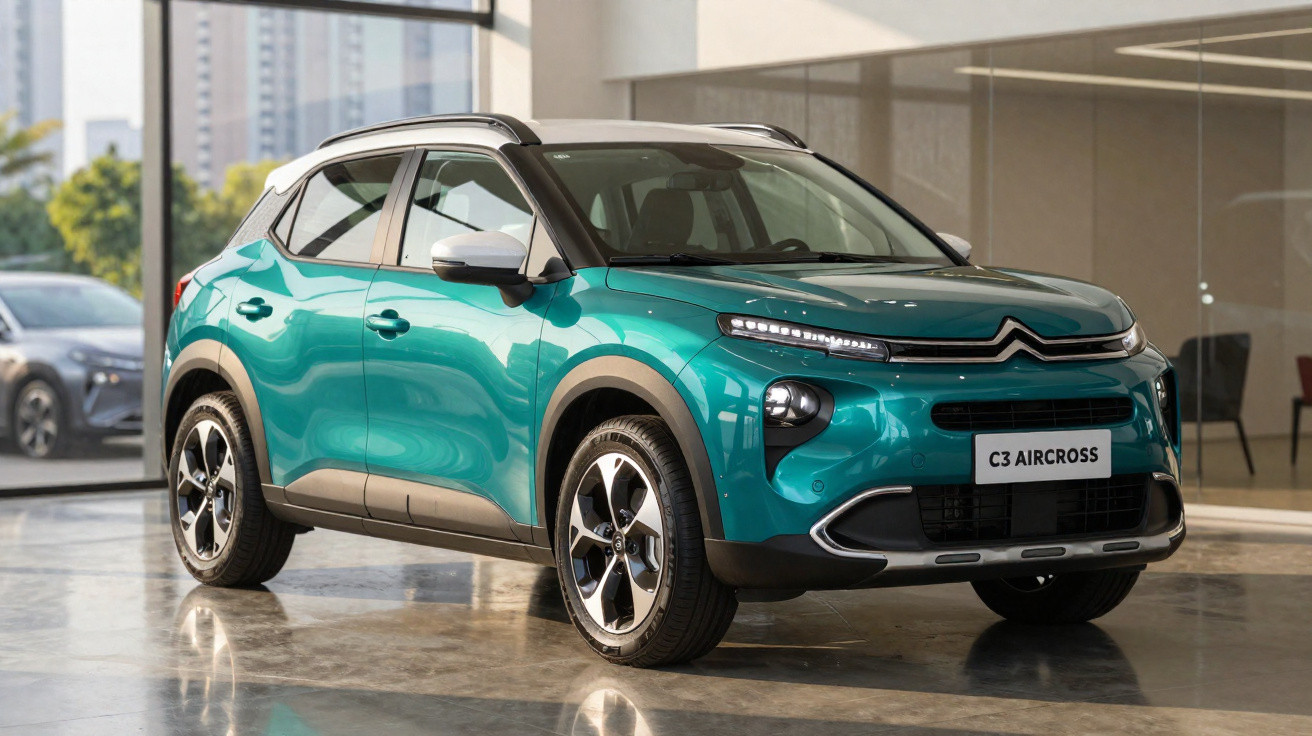SUV Citroën C3 Aircross azul exibido em ambiente interno com piso espelhado.